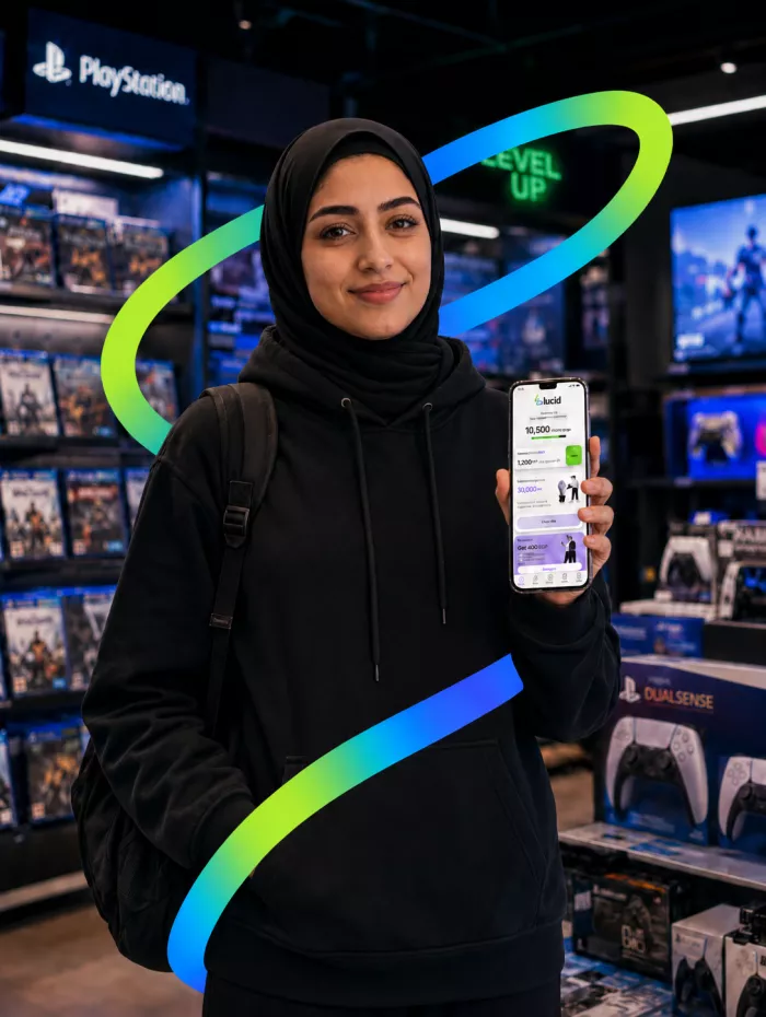 A young shopper using the Lucid app in a gaming store